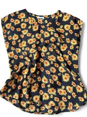 Black and Yellow Sunflower Print Flowy Cap Sleeve Top Size Small